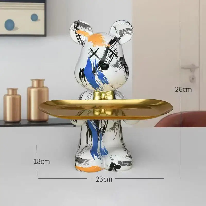 Modern graffiti bear figurine white bear figurine with black blue orange brushstrokes holding gold tray for living room decor