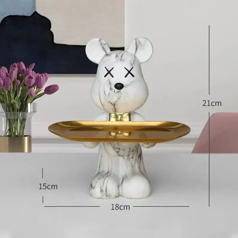 Modern graffiti bear figurine white marble-patterned with gold tray and bow tie for living room decorbites bear figurine