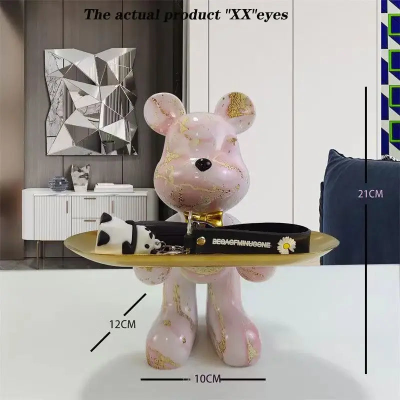 Modern graffiti pink bear statue ornament with gold marble accents and tray for stylish home decor living room display