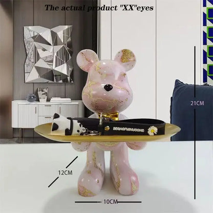 Modern graffiti pink bear statue ornament with gold marble accents and tray for stylish home decor living room display