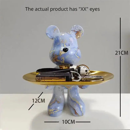 Modern graffiti bear statue ornament in blue marble with gold accents holding a gold tray for home decor
