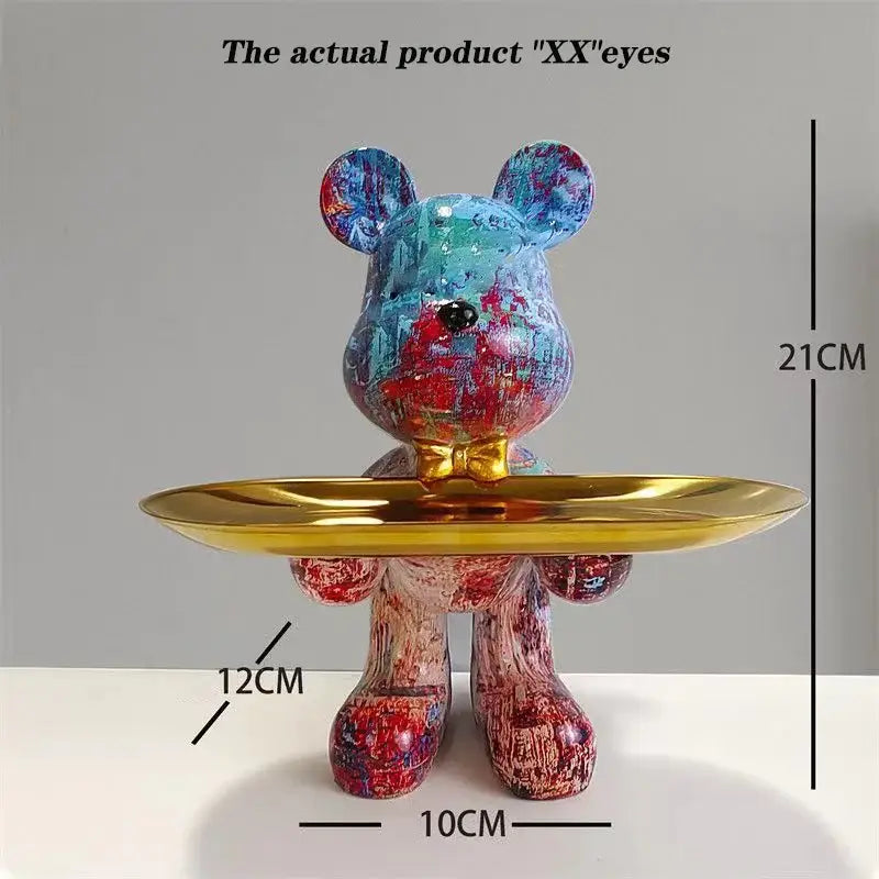 Colorful abstractly painted bear statue ornament with gold bow tie and tray for modern home decor living room