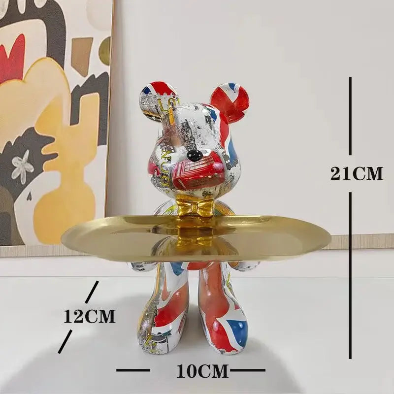 Glossy union jack-themed bear statue ornament holding a gold tray ideal for modern home decor and living room accents