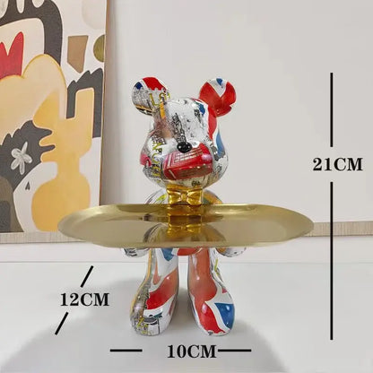 Glossy union jack-themed bear statue ornament holding a gold tray ideal for modern home decor and living room accents