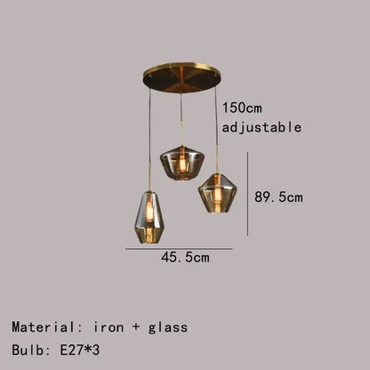 Adjustable modern pendant lamp with three gray amber glass shades and brass iron mount for dining room decorbites lighting