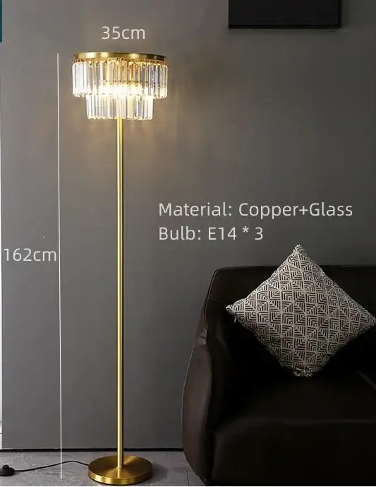 Modern gray amber glass pendant lamp with gold-finished copper floor lamp and tiered crystal chandelier design for decorbites gray amber decor
