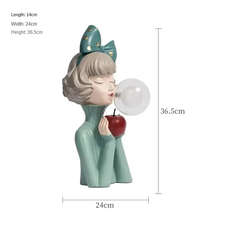 Teal resin bubble girl statue ornament with blonde hair blowing bubble holding red apple for bedroom decorbites decorbites bubble girl