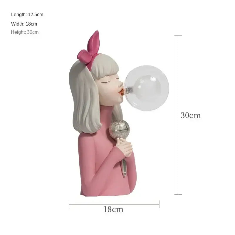 Pink resin decorbites bubble girl statue with white hair and silver microphone for modern bedroom decor