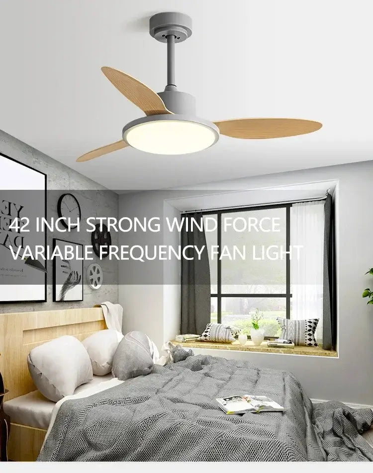 Modern gray and light wood ceiling fan with three blades and circular led light fixture for bedroom use