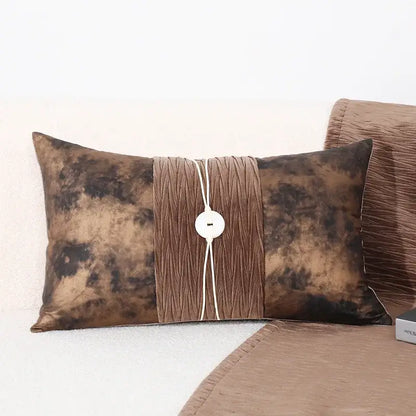 Brown tie-dye velvet rectangular cushion cover with pleated band and button closure for black white sofa decorbites decor
