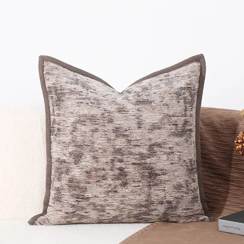 Modern gray and white leaf square cushion cover with textured fabric and dark brown border for black white sofa decorbites black white decor