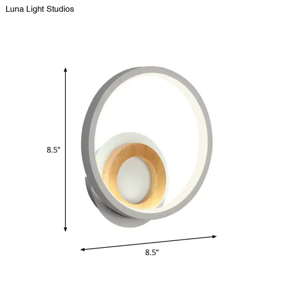 Modern gray and wood double ring wall lamp with warm wood accent and soft white light for 220v-240v 110v-120v use
