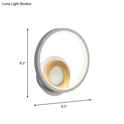 Modern gray and wood double ring wall lamp with warm wood accent and soft white light for 220v-240v 110v-120v use