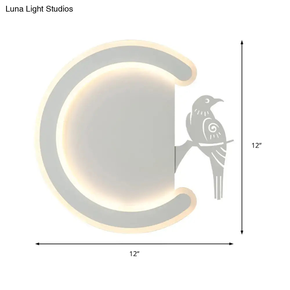 Modern gray circular wall lamp with warm white light featuring an intricate bird silhouette for bedroom sconce use
