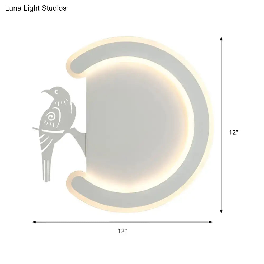 Modern gray metal wall lamp with bird silhouette featuring warm white light crescent sconce for bedroom use