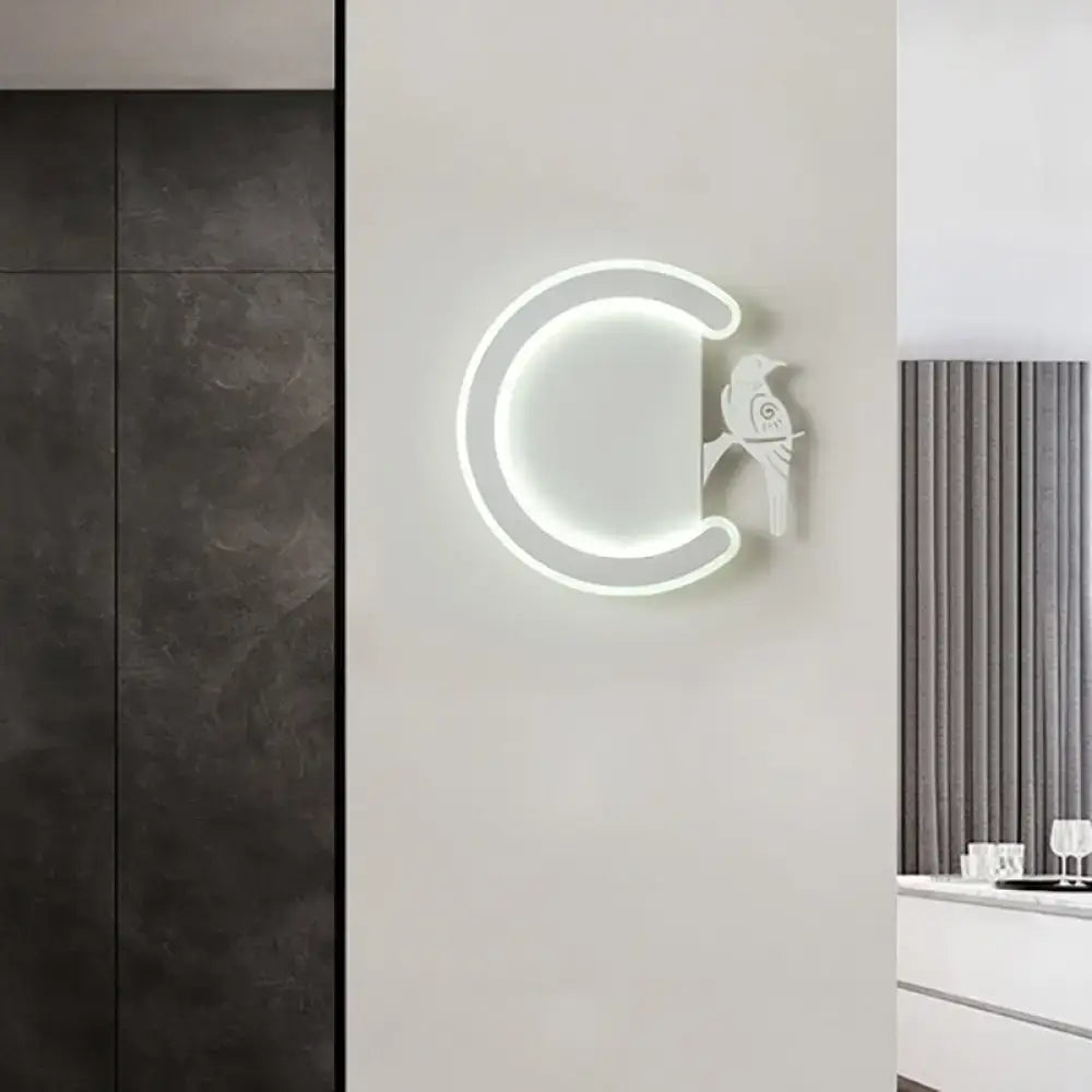 Modern gray bird wall lamp with warm white light shaped like a crescent moon for bedroom wall sconce decor