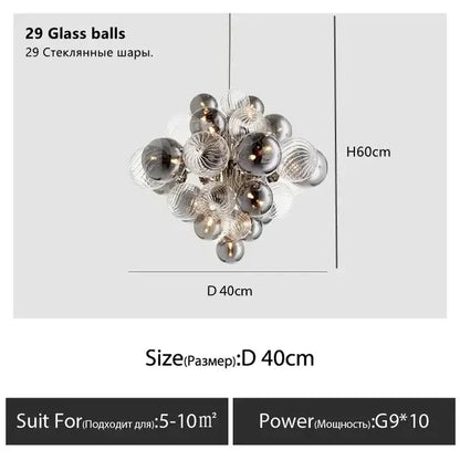 Modern gray and clear bubble glass ceiling chandelier with 29 glass balls in varying sizes for living room decorbites bubble glass