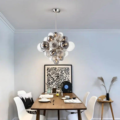 Modern gray and clear bubble glass ceiling chandelier with cluster of frosted and clear spheres for living room decorbites bubble glass