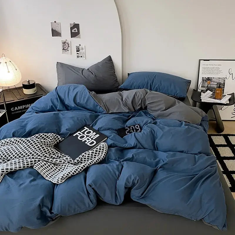 Modern gray comforter cover set with blue and gray soft quilted texture featuring geometric throw design for bedroom bedding