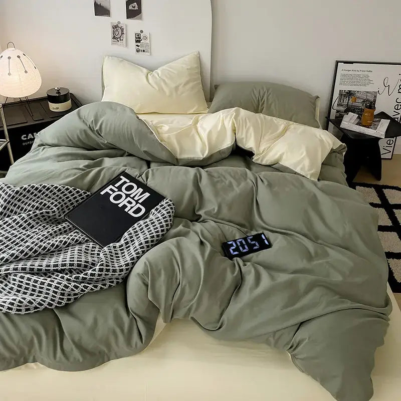 Modern gray comforter cover set featuring olive green satin cover set with cream pillowcases and checkered throw blanket