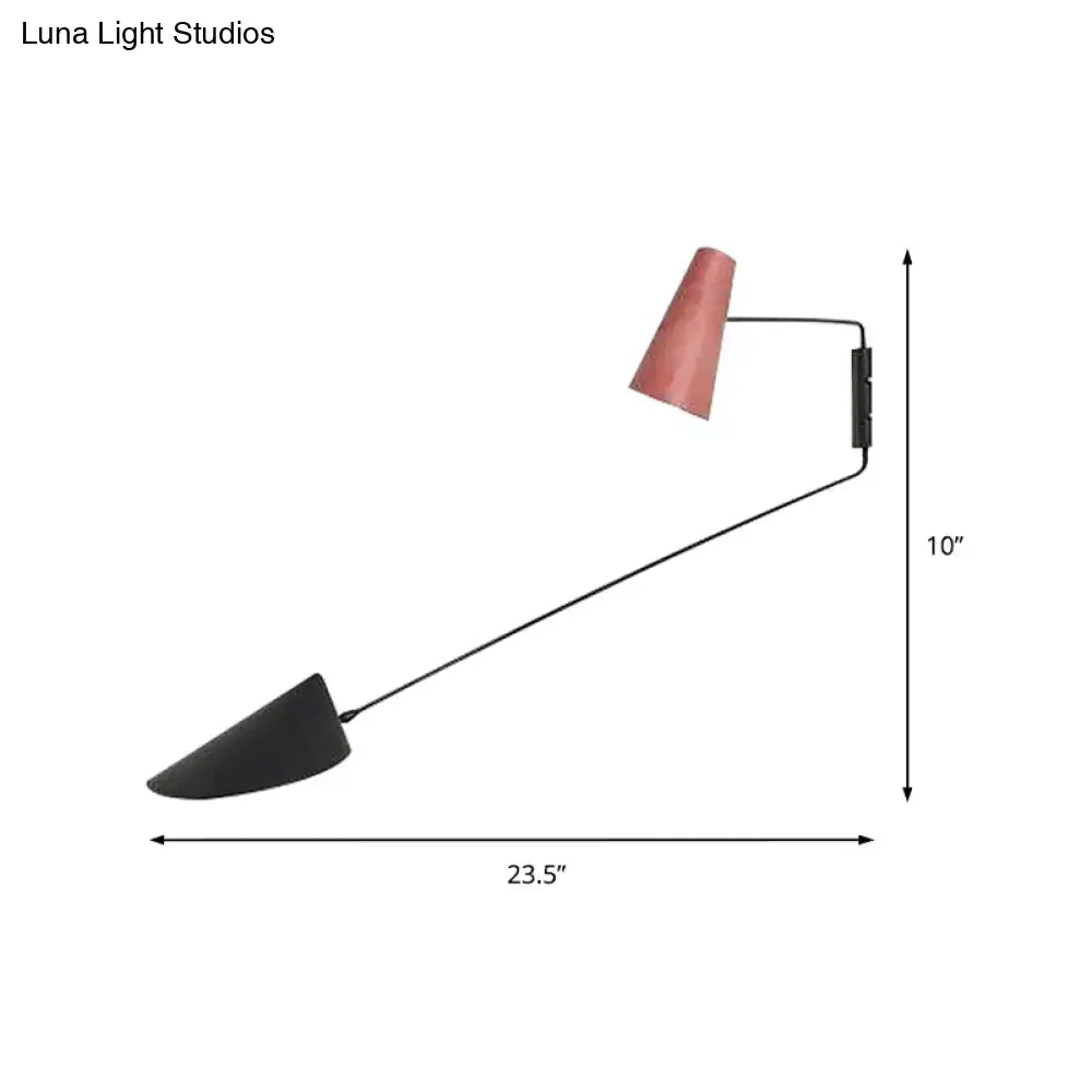 Modern gray cone duckbill wall sconce with black rod and matte pink and glossy black shades for light living room use
