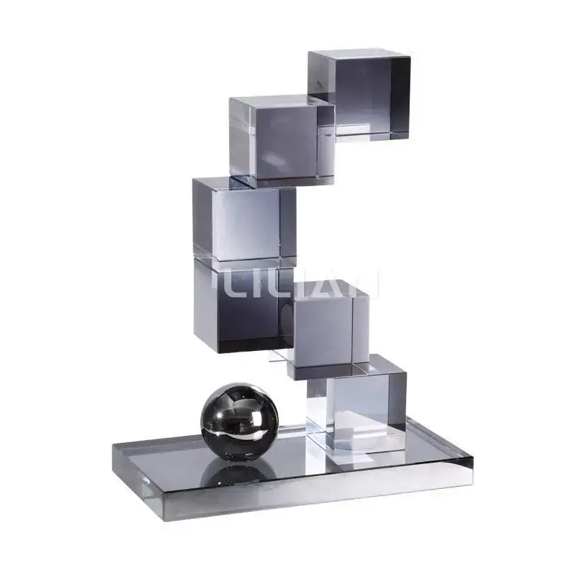 Modern gray geometric crystal glass decorbites ornament with transparent faceted acrylic cubes and chrome sphere base