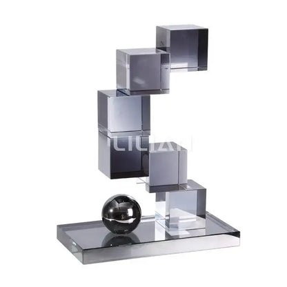 Modern gray geometric crystal glass decorbites ornament with transparent faceted acrylic cubes and chrome sphere base