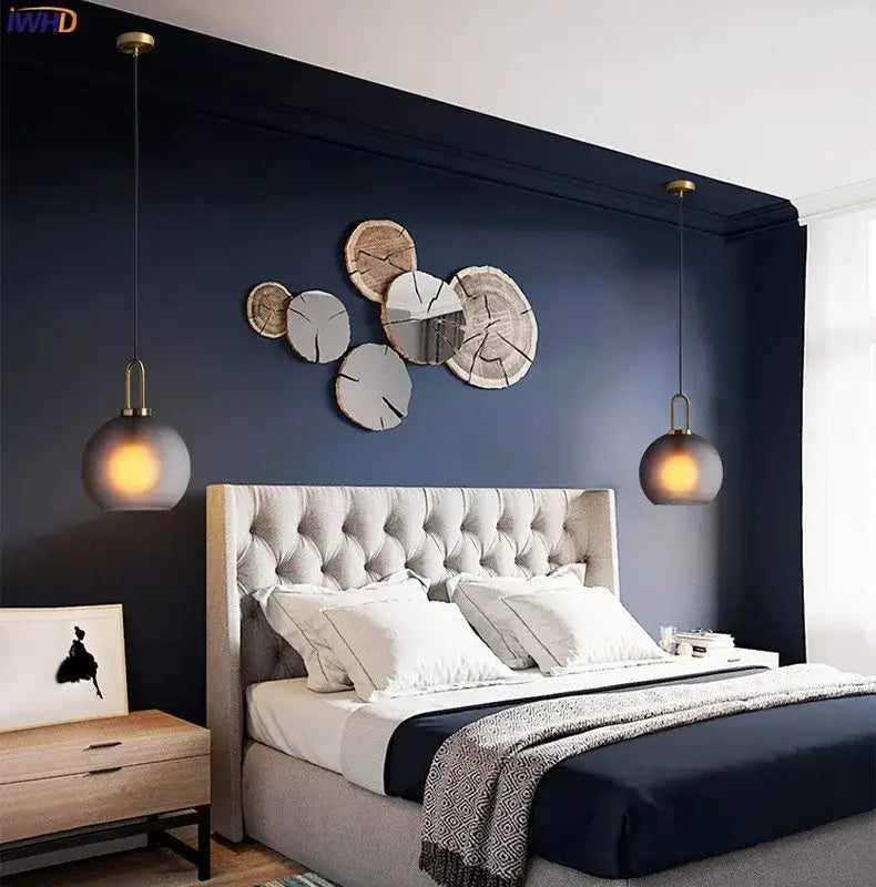 Modern gray glass ball led pendant light set with frosted glass shades and brass accents for dining room decorbites pendant light