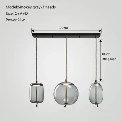 Modern gray glass chandelier knot pendant with smokey glass shades and braided cords for dining room lighting