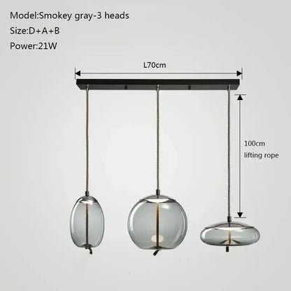 Smokey gray glass knot pendant chandelier light with three heads and black ceiling mount for dining room lighting