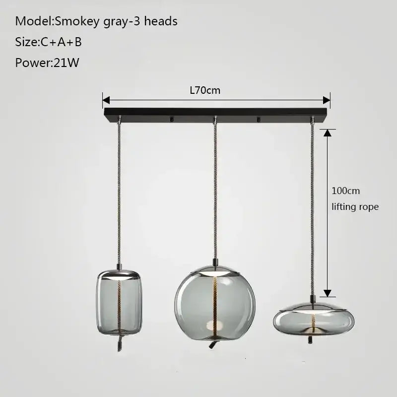 Smokey gray glass knot pendant chandelier light with cylindrical, spherical, and disc shades for dining room