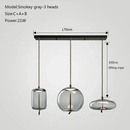 Smokey gray glass knot pendant chandelier light with cylindrical, spherical, and disc shades for dining room