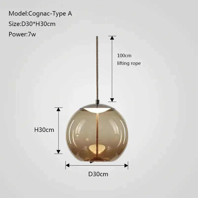 Modern gray glass knot pendant chandelier light featuring a sleek spherical amber glass pendant with 30cm diameter and 100cm rope