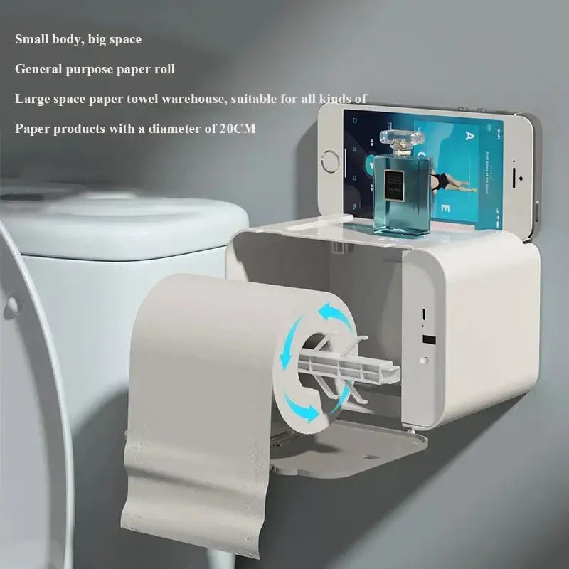 Modern gray induction toilet paper holder with white plastic wall-mounted paper holder and integrated phone shelf