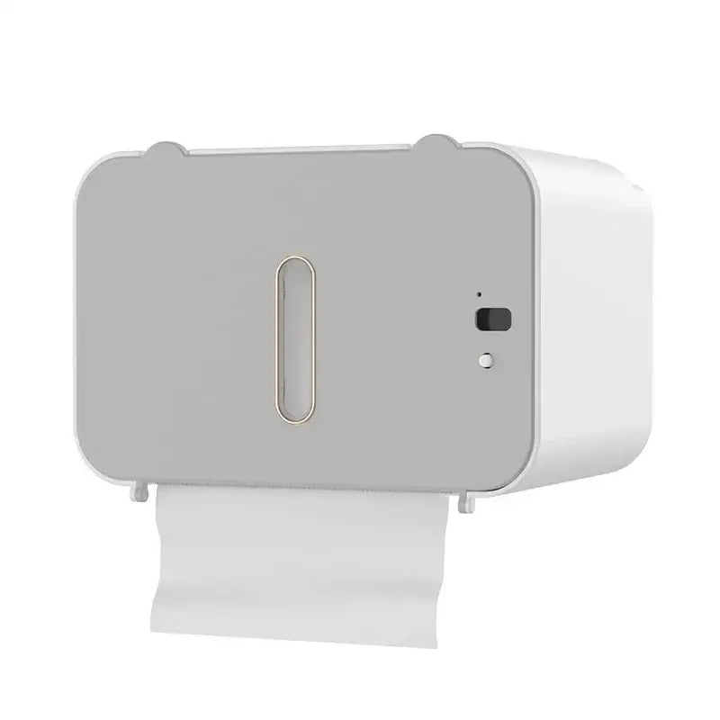 Modern gray and white wall-mounted induction toilet paper holder with sleek minimalist design and bathroom shelf