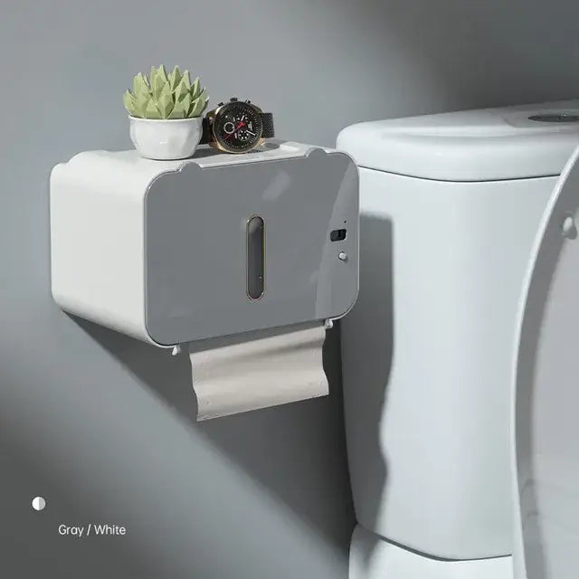 Modern gray induction toilet paper holder with wall-mounted shelf in gray and white for bathroom use