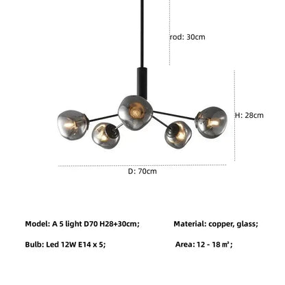 Modern gray lava glass chandelier pendant light with black rod copper frame and smoked glass globes for dining room lighting