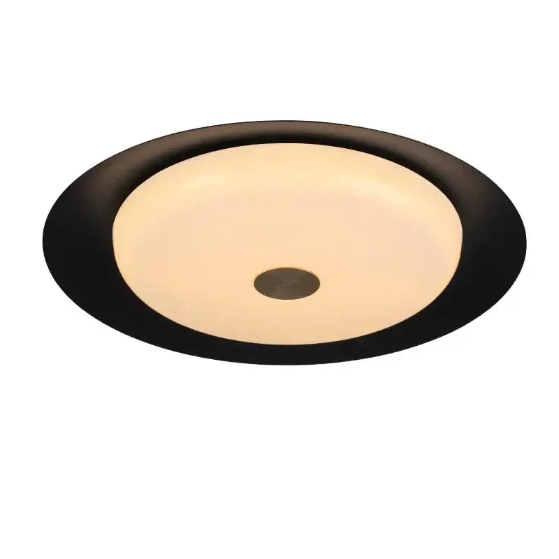 Modern gray leather platform bed bedroom led ceiling light with black circular decorbites led ceiling light and warm glow