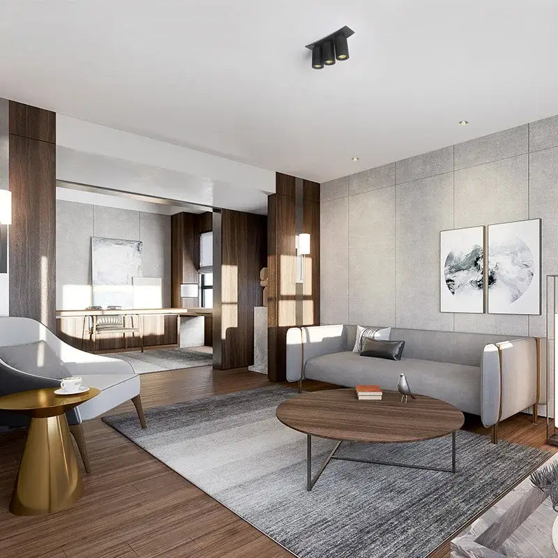 Modern gray minimalist sofa with wooden legs and sleek design under decorbites led ceiling light for living room