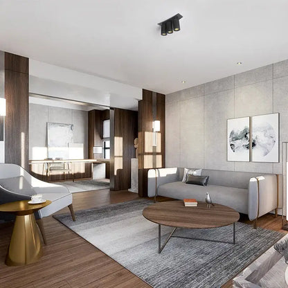 Modern gray minimalist sofa with wooden legs and sleek design under decorbites led ceiling light for living room