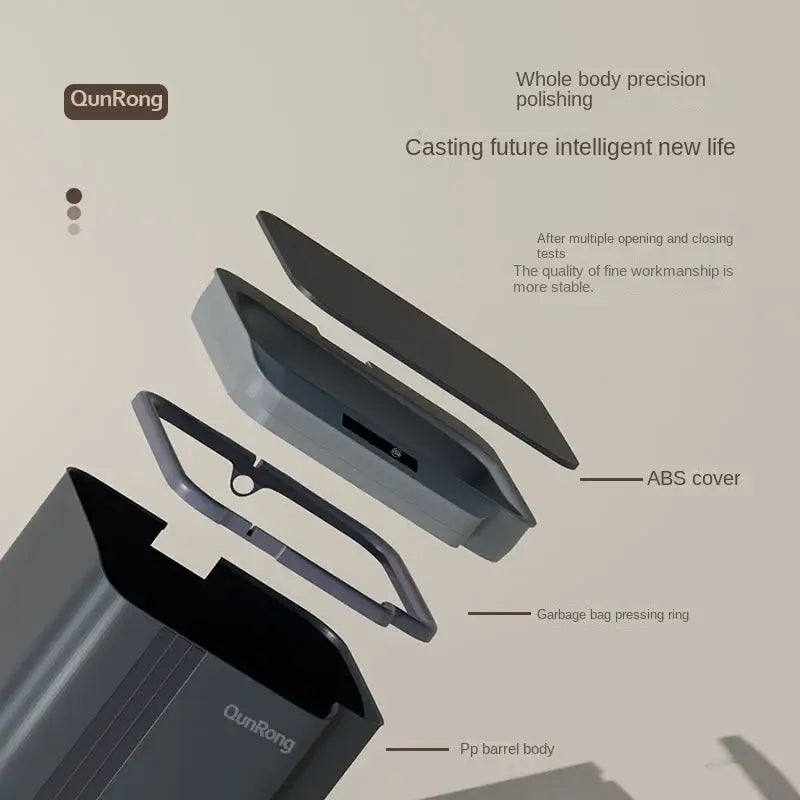 Modern gray smart sensor trash can with pp barrel body abs cover and garbage bag pressing ring for kitchen and bathroom