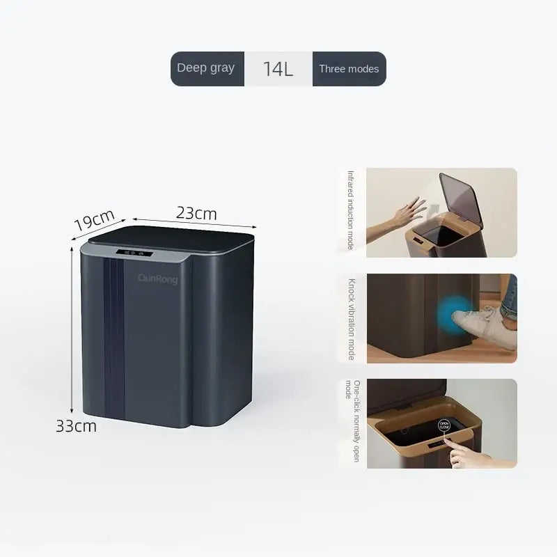 Modern gray 14l smart sensor trash can with sleek design and three opening modes for kitchen and bathroom use