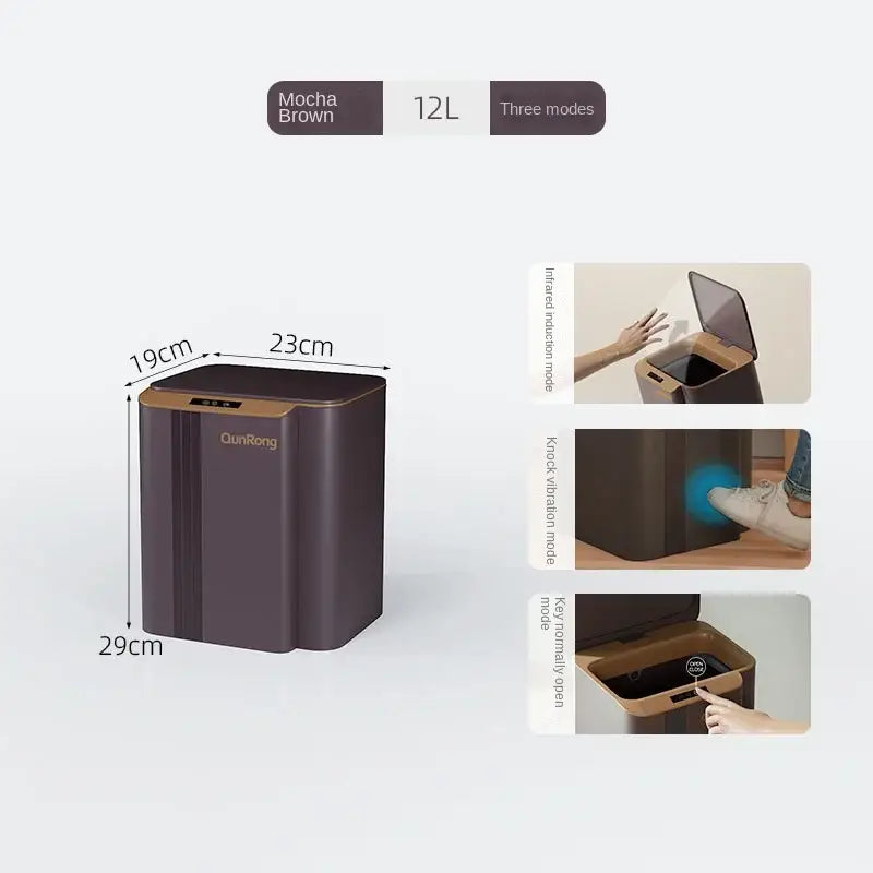 Mocha brown 12l smart sensor trash can with gold trim and three operational modes ideal for kitchen and bathroom