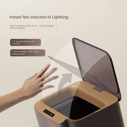 Modern gray smart sensor trash can with sleek matte black and beige body and transparent lid for kitchen and bathroom use