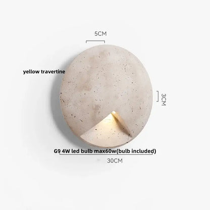 Modern gray stone double led wall lamp featuring a circular beige-yellow travertine stone sconce with recessed triangular light