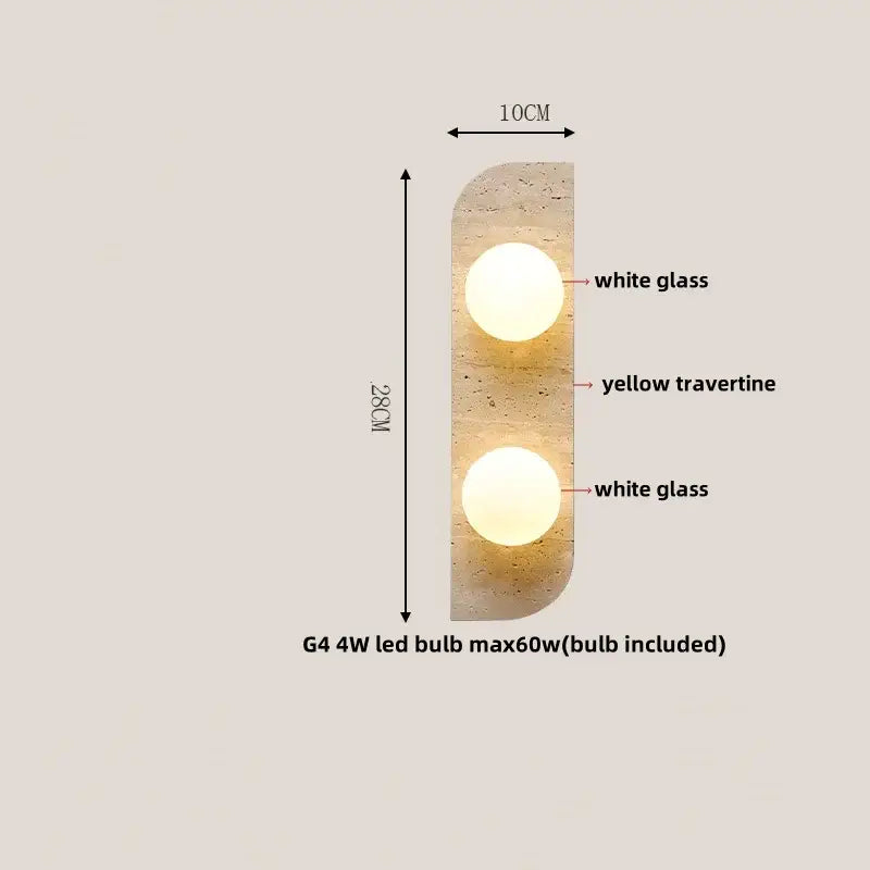 Modern gray stone double led wall lamp with two glowing white glass spheres on textured yellow travertine panel