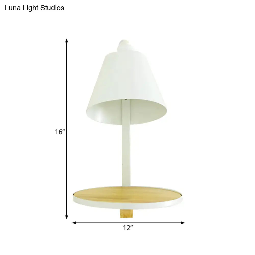Modern white gray tapered wall sconce with bell-shaped lamp, wooden base, and slender metal stem for bedroom lighting