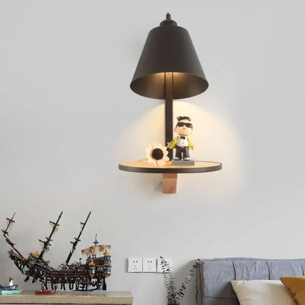 Modern black bell-shaped wall lamp with gray tapered shade and wooden circular shelf for bedroom lighting