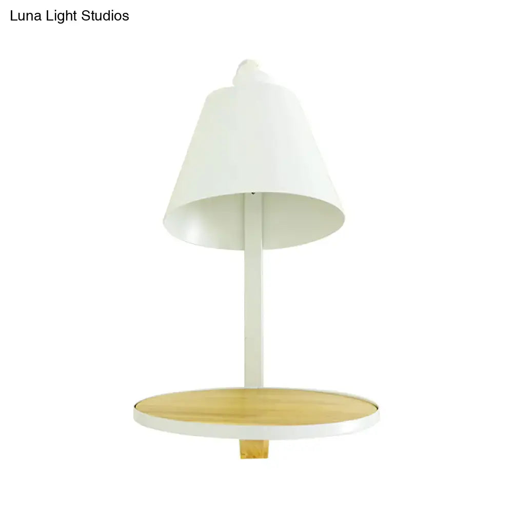 Modern gray tapered shade wall sconce with white gray bell-shaped lamp and wooden circular shelf for bedroom lighting