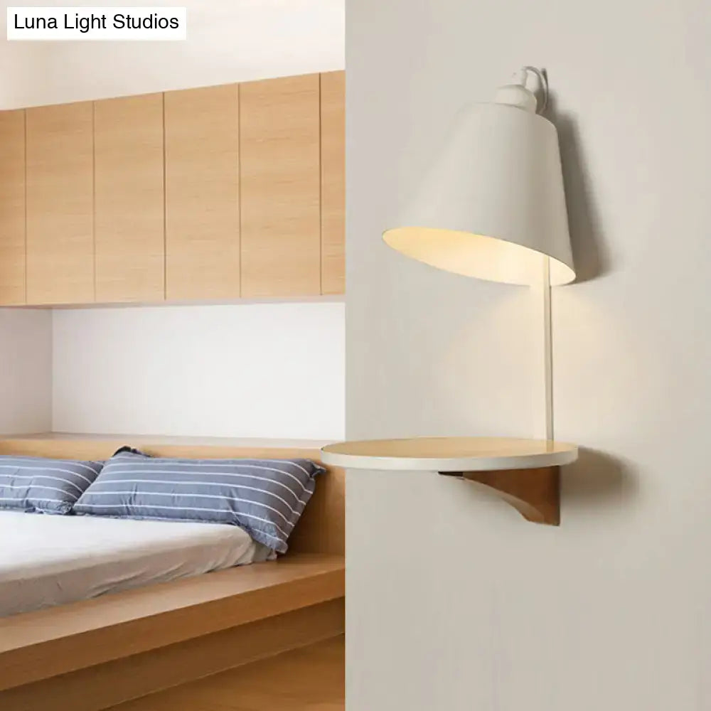 Minimalist white gray tapered wall sconce with wooden base and circular shelf for bedroom lighting